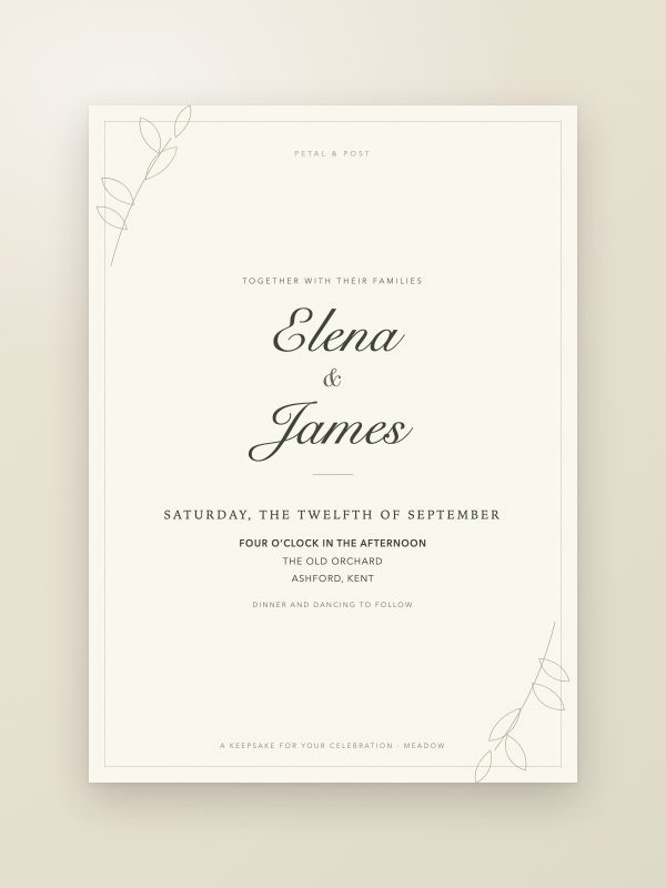 Meadow wedding invitation with botanical line art